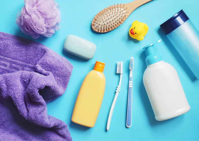 A variety of hygiene items including soap, toothbrushes, and more