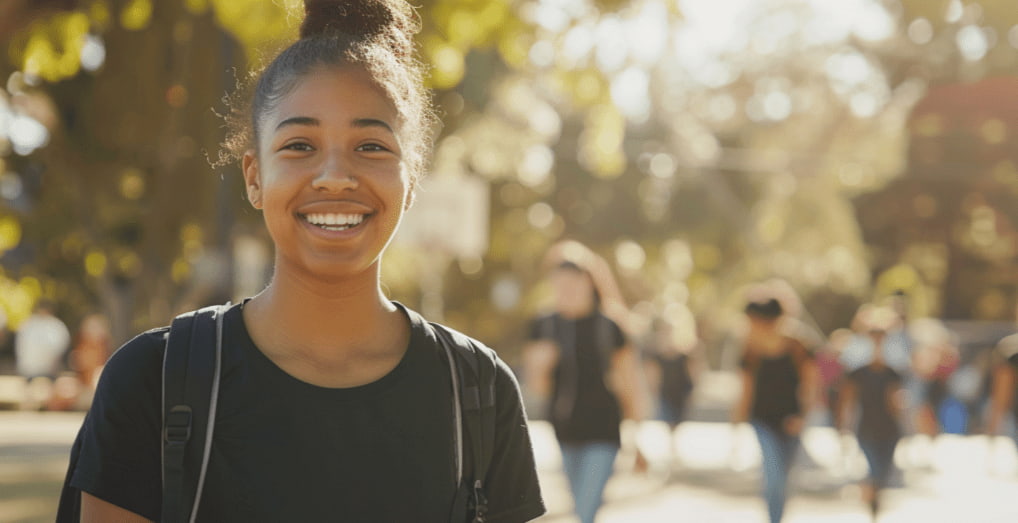 Teenage girl with a backpack smiling