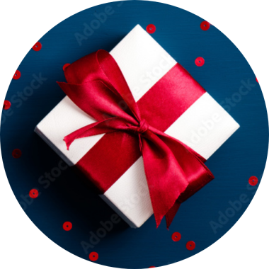 A gift box with a red bow
